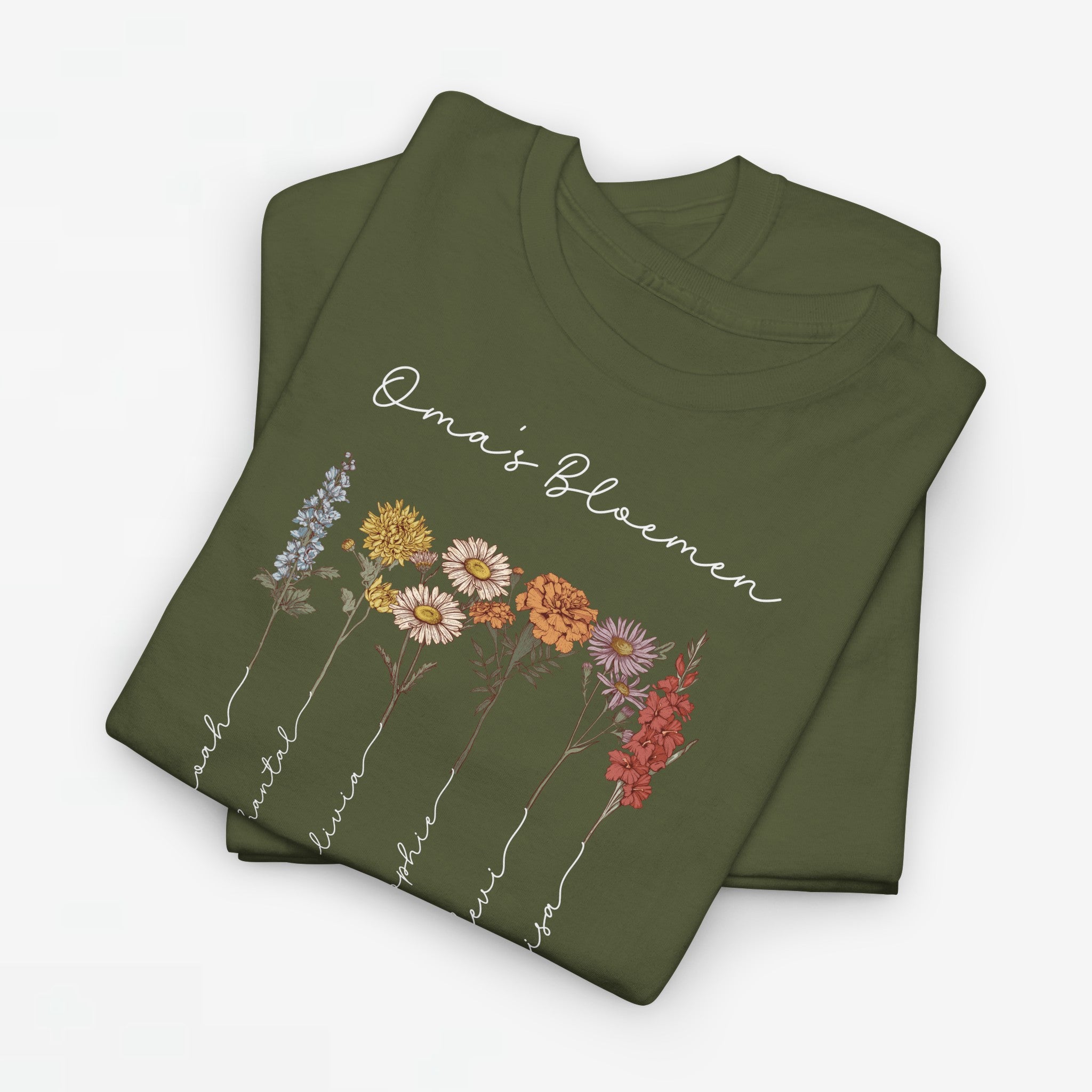 Gepersonaliseerde Moederdag Mama Cadeau - T-shirt - Oma's Bloemen met namen en geboortemaand bloemen (witte tekst)