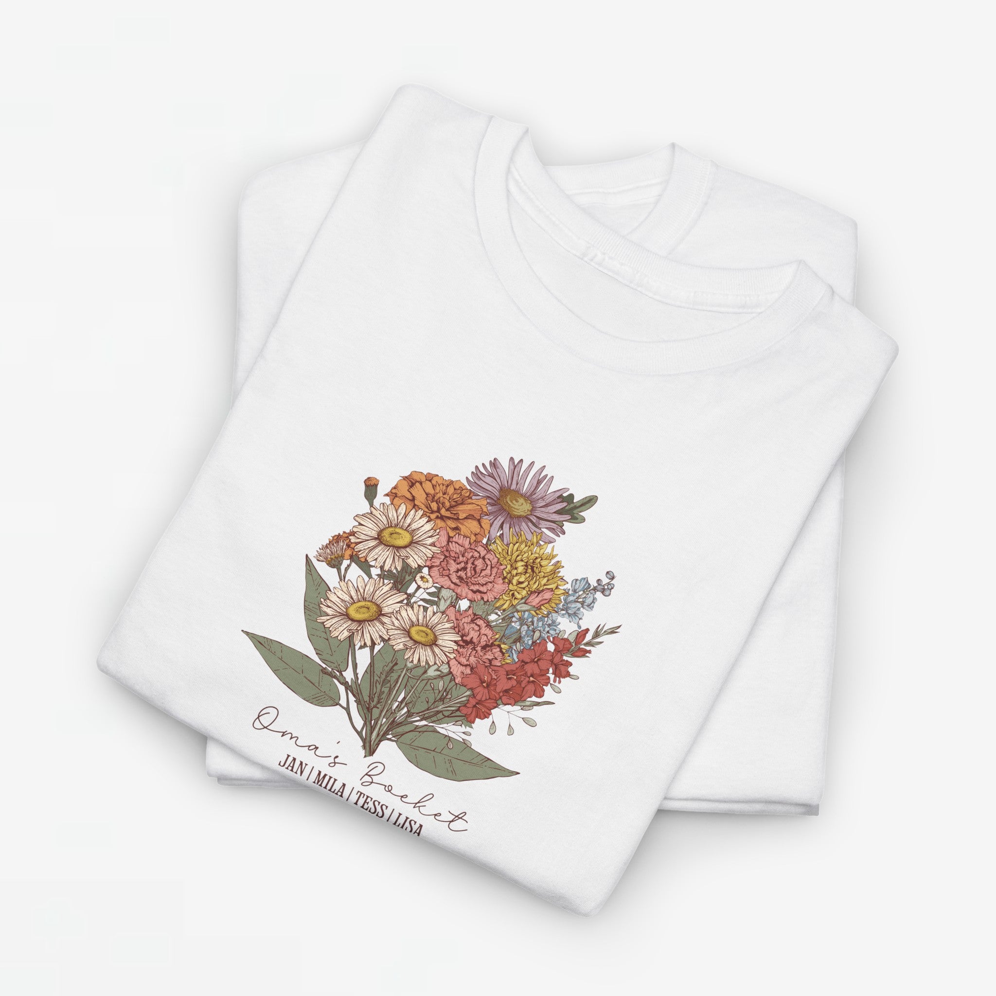 Gepersonaliseerde Moederdag Mama Cadeau - T-shirt - Oma's boeket met namen en geboortemaand bloemen