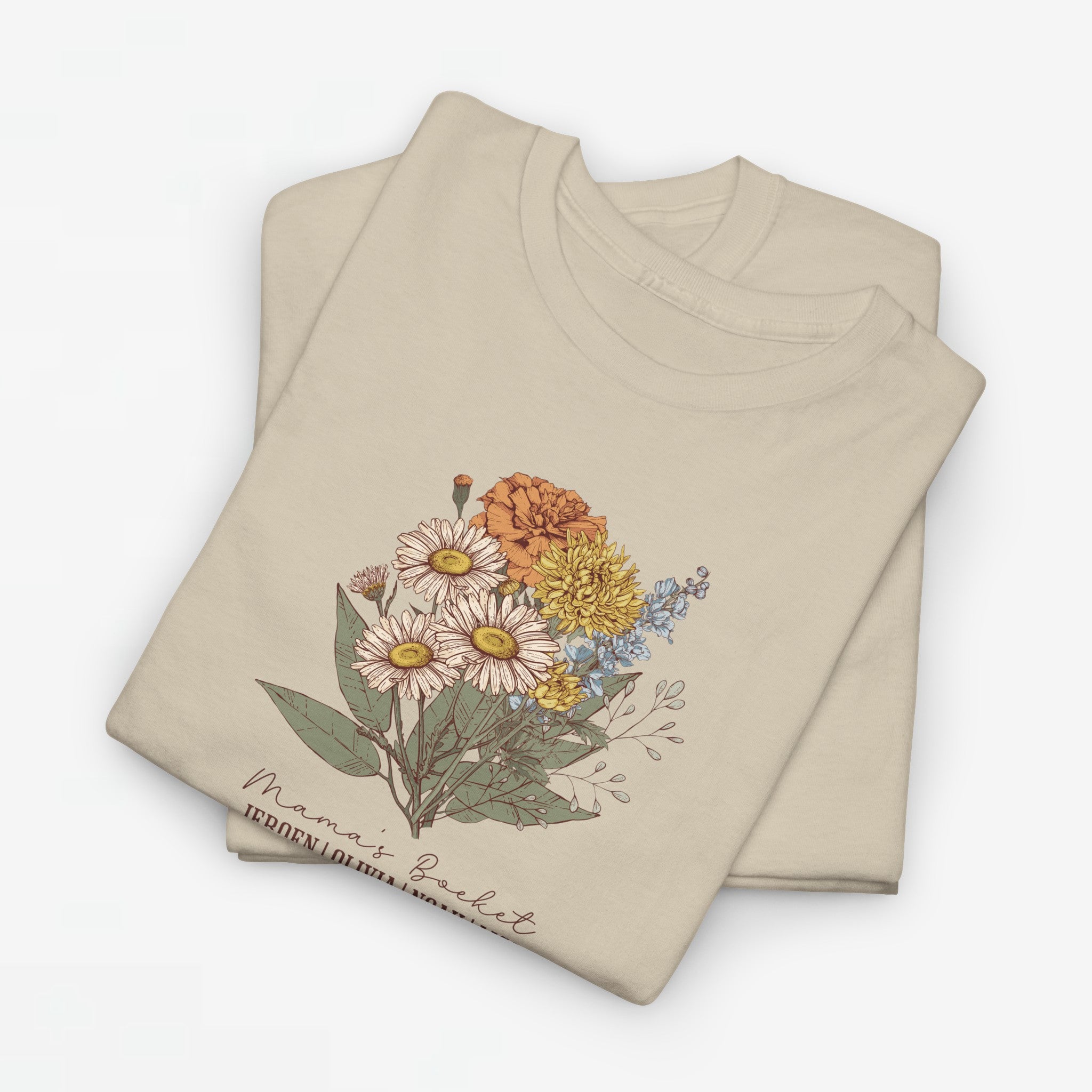 Gepersonaliseerde Moederdag Mama Cadeau - T-shirt - Mama's boeket met namen en geboortemaand bloemen