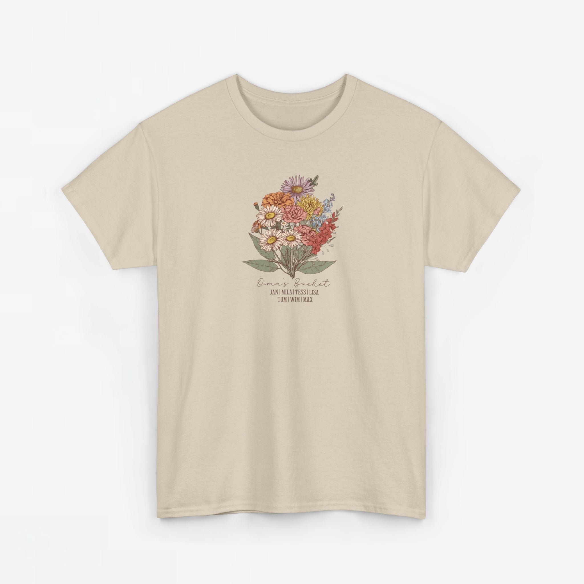 Gepersonaliseerde Moederdag Mama Cadeau - T-shirt - Oma's boeket met namen en geboortemaand bloemen