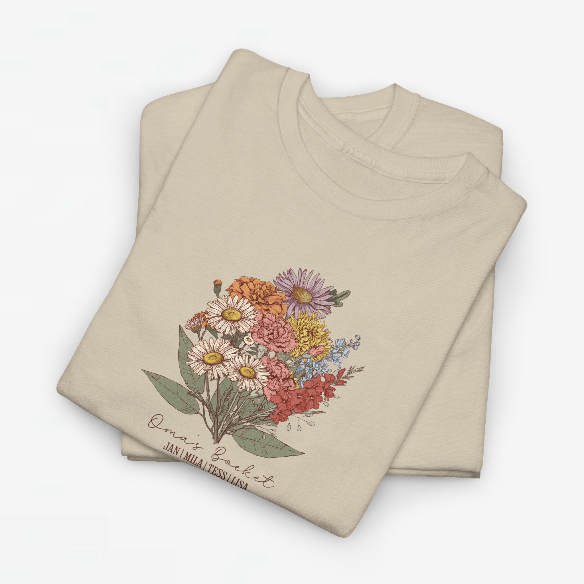 Gepersonaliseerde Moederdag Mama Cadeau - T-shirt - Oma's boeket met namen en geboortemaand bloemen