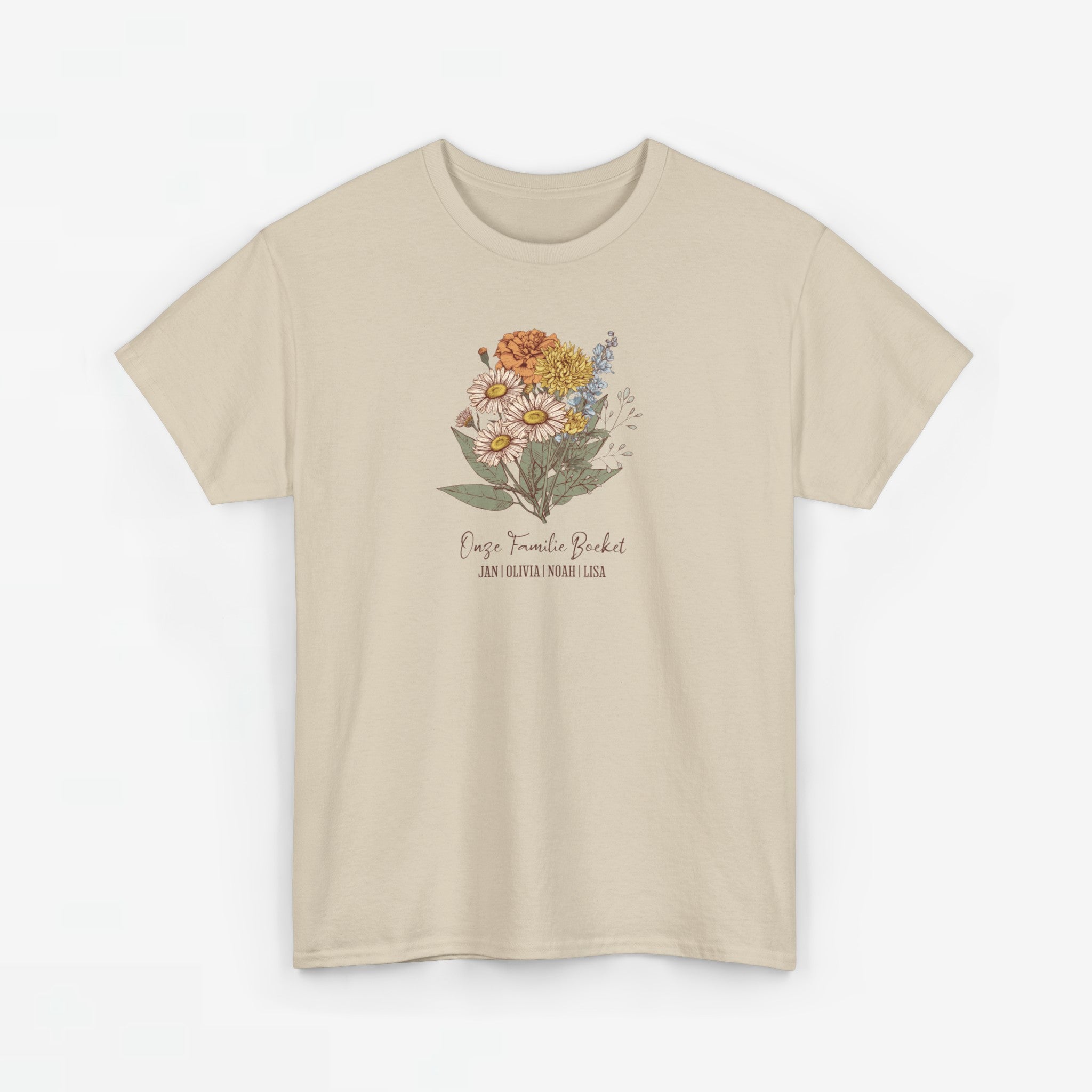 Gepersonaliseerde Moederdag Mama Cadeau - T-shirt - Ons familieboeket met namen en geboortemaand bloemen