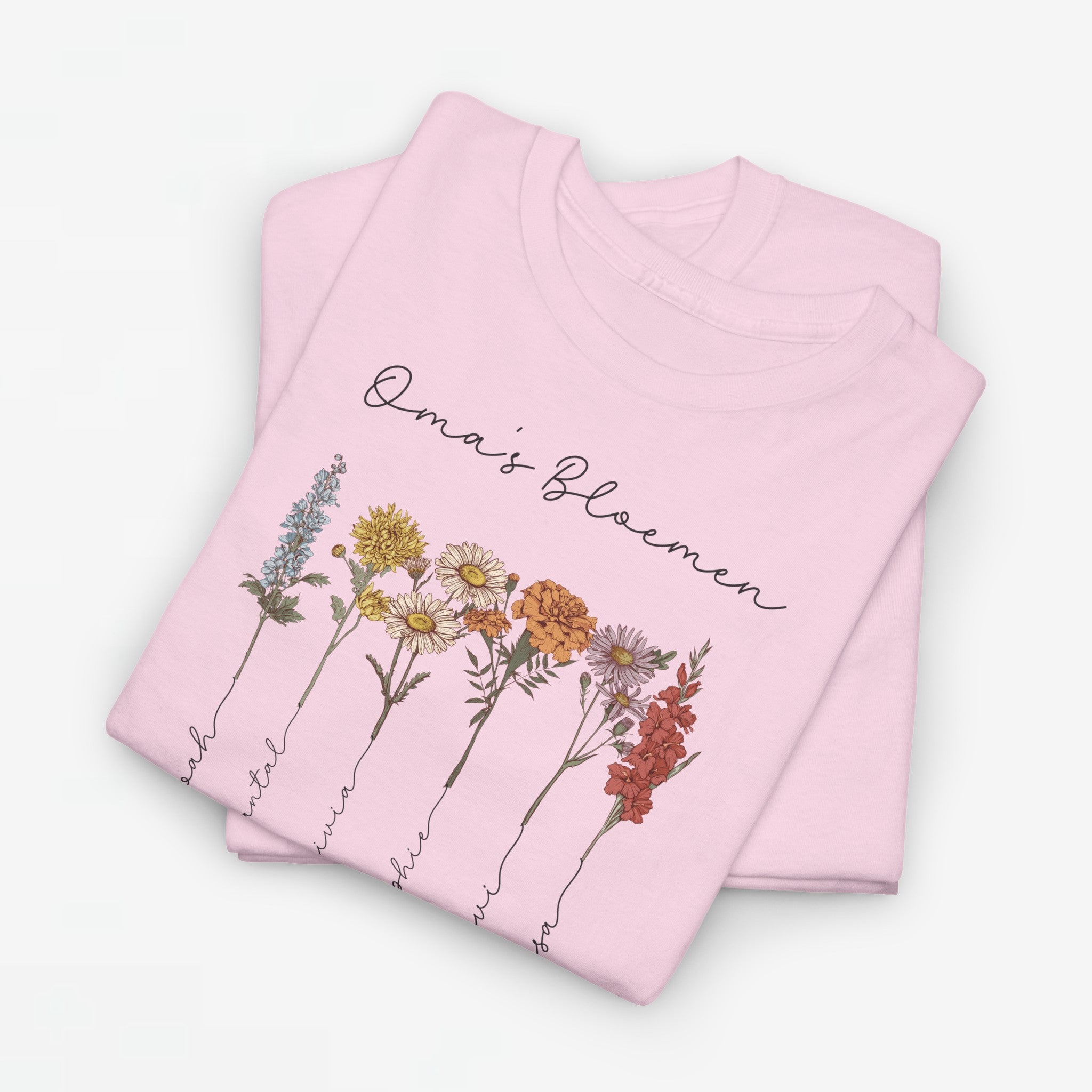 Gepersonaliseerde Moederdag Mama Cadeau - T-shirt - Oma's Bloemen met namen en geboortemaand bloemen (zwarte tekst)