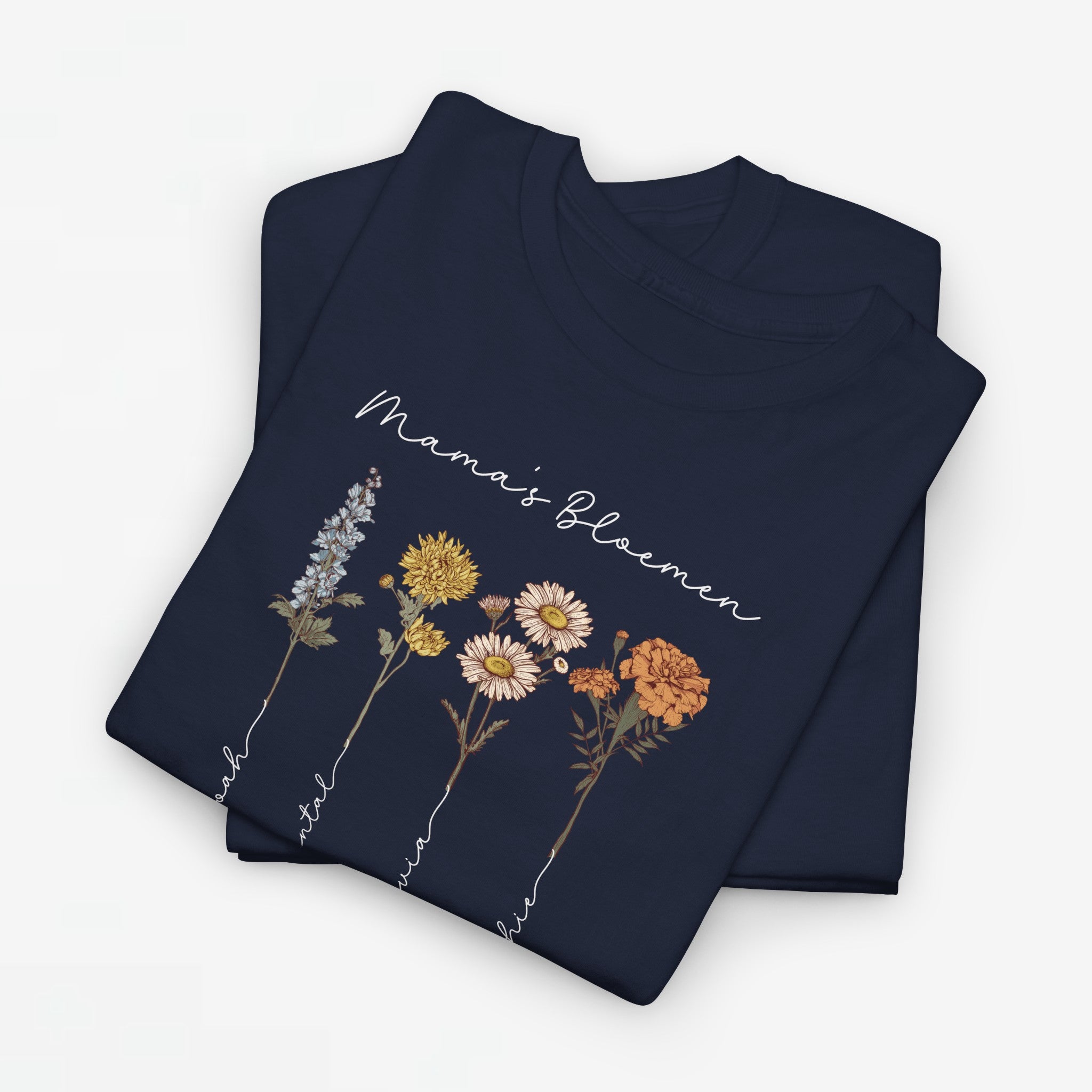 Gepersonaliseerde Moederdag Mama Cadeau - T-shirt - Mama's Bloemen met namen en geboortemaand bloemen (witte tekst)