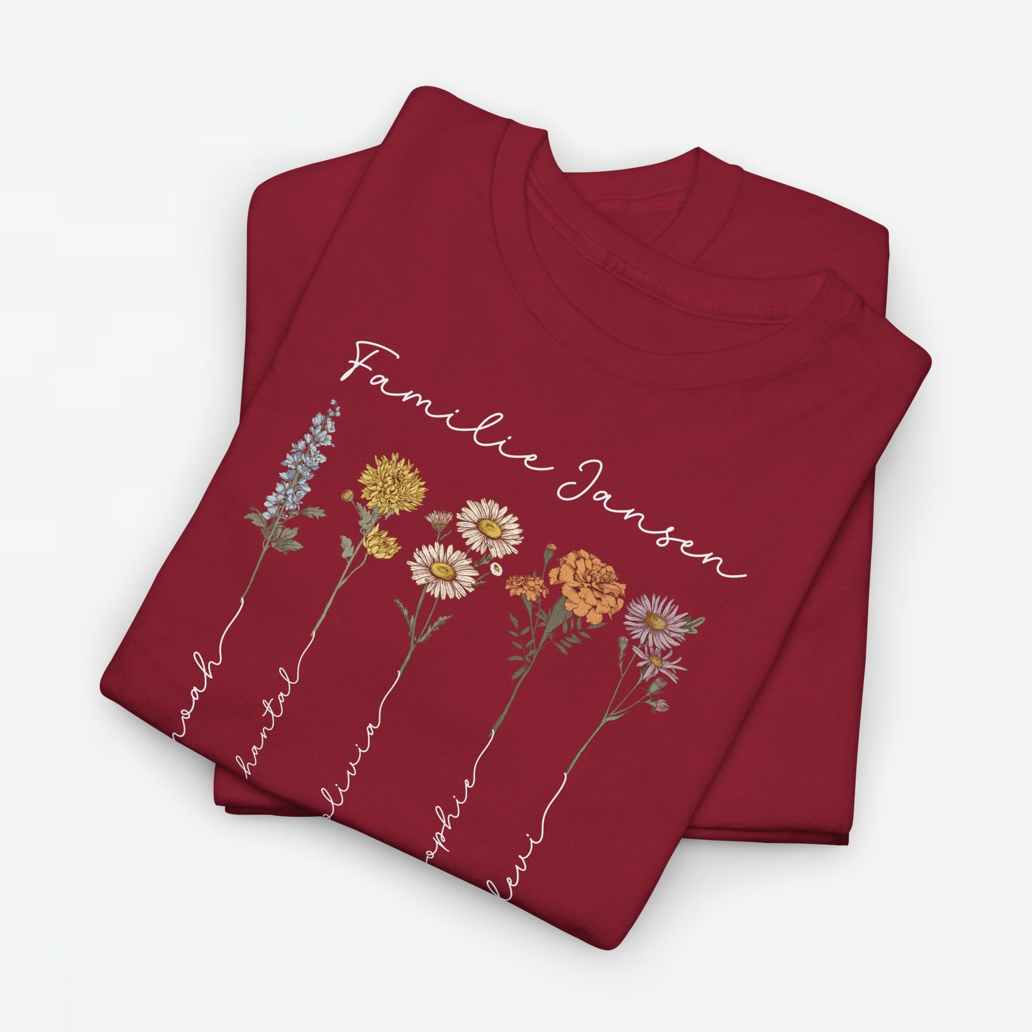 Gepersonaliseerde Moederdag Mama Cadeau - T-shirt - Familienaam met namen en geboortemaand bloemen