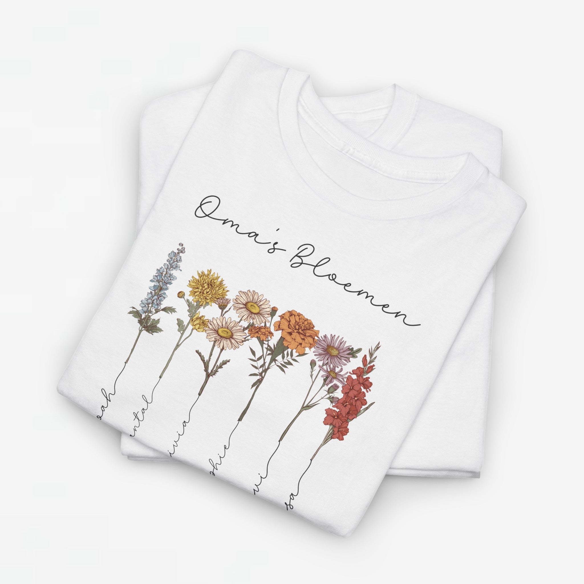 Gepersonaliseerde Moederdag Mama Cadeau - T-shirt - Oma's Bloemen met namen en geboortemaand bloemen (zwarte tekst)