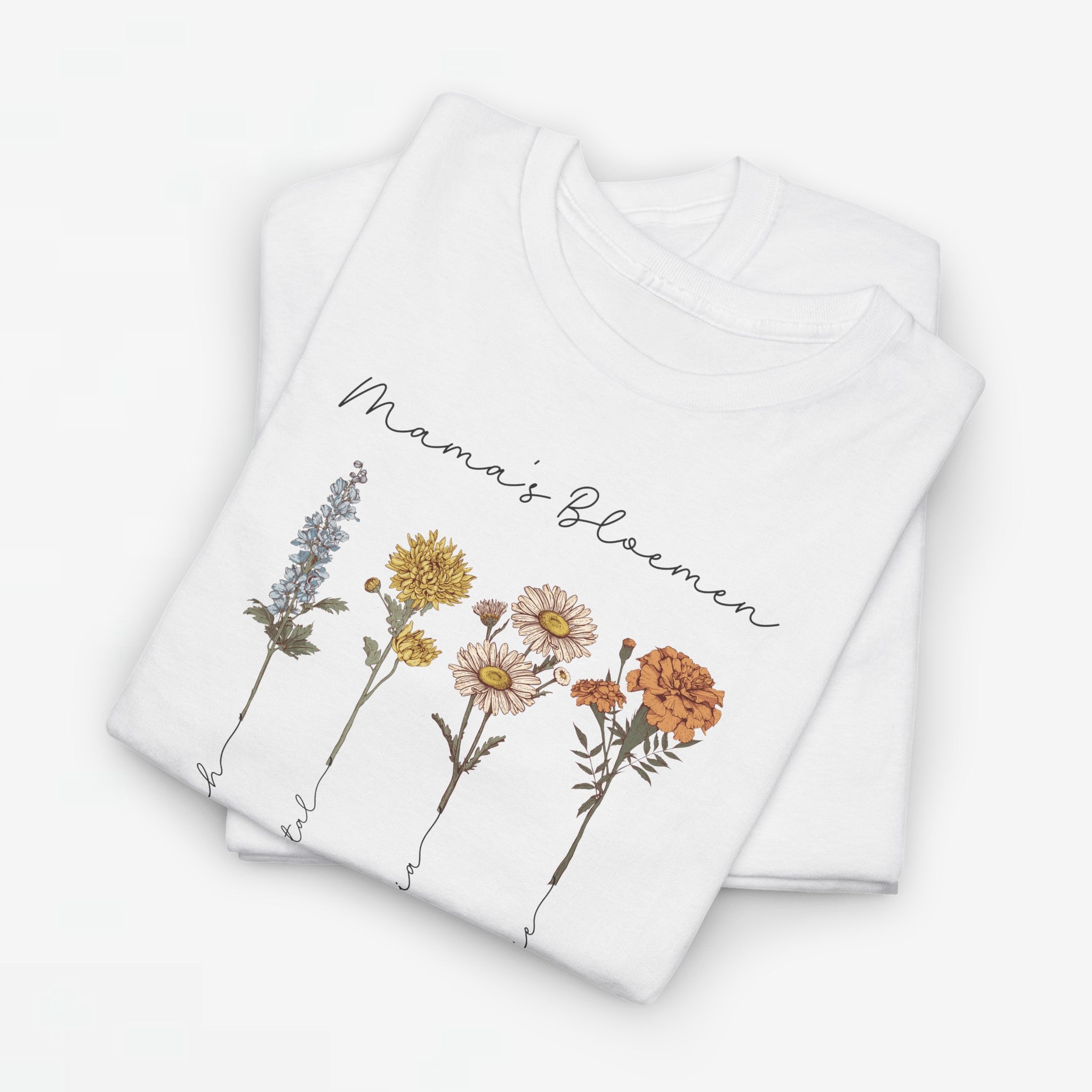 Gepersonaliseerde Moederdag Mama Cadeau - T-shirt - Mama's bloemen met namen en geboortemaand bloemen (zwarte tekst)