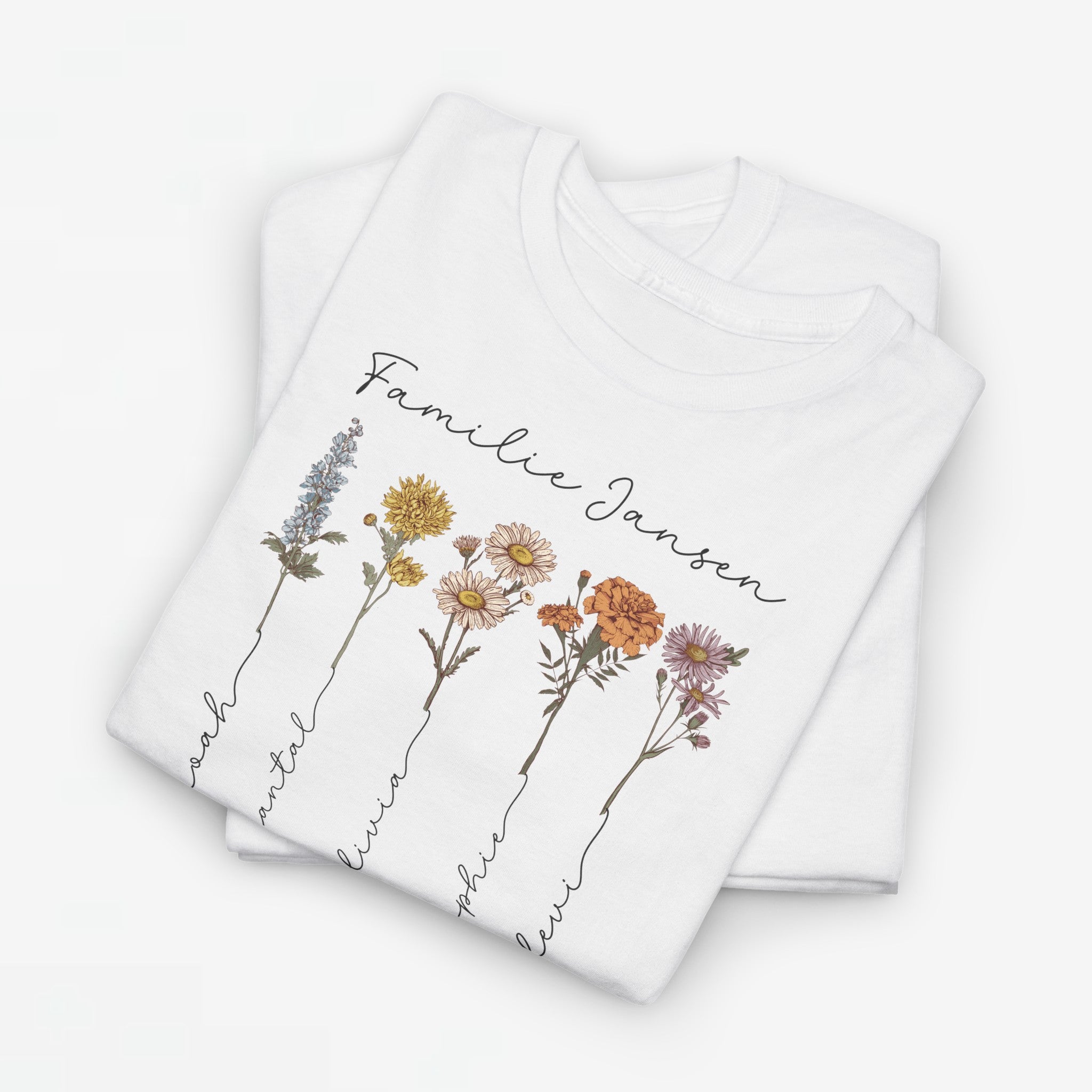 Gepersonaliseerde Moederdag Mama Cadeau - T-shirt - Familienaam met namen en geboortemaand bloemen