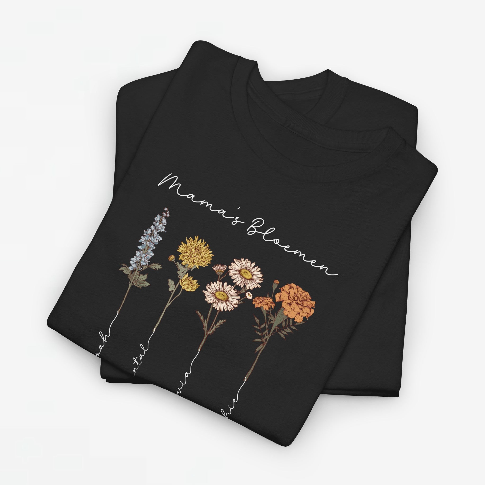 Gepersonaliseerde Moederdag Mama Cadeau - T-shirt - Mama's Bloemen met namen en geboortemaand bloemen (witte tekst)