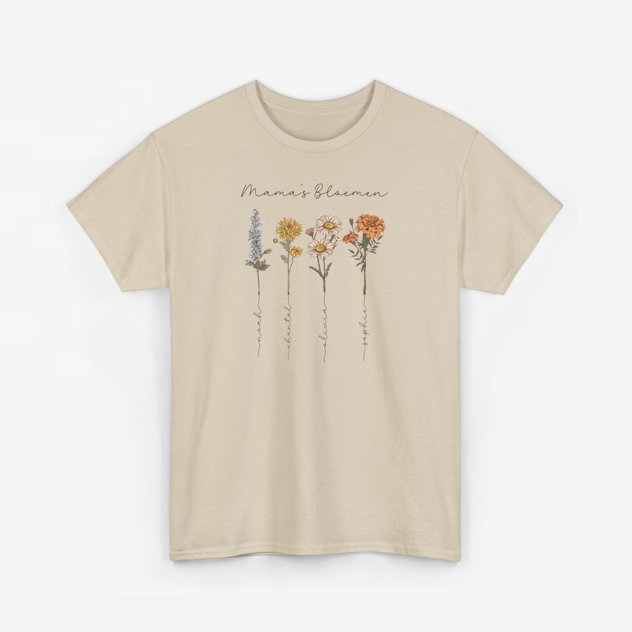 Gepersonaliseerde Moederdag Mama Cadeau - T-shirt - Mama's bloemen met namen en geboortemaand bloemen (zwarte tekst)