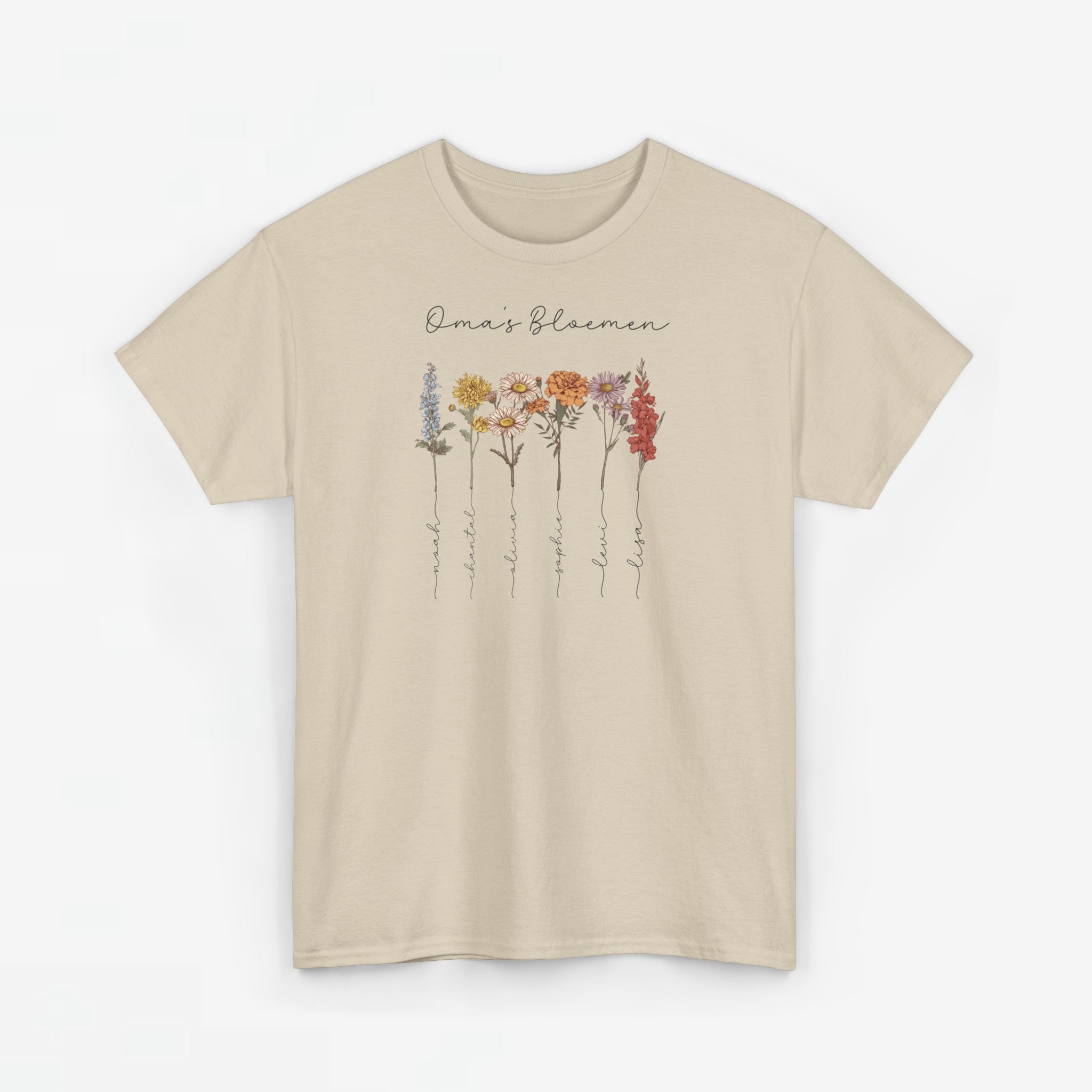 Gepersonaliseerde Moederdag Mama Cadeau - T-shirt - Oma's Bloemen met namen en geboortemaand bloemen (zwarte tekst)