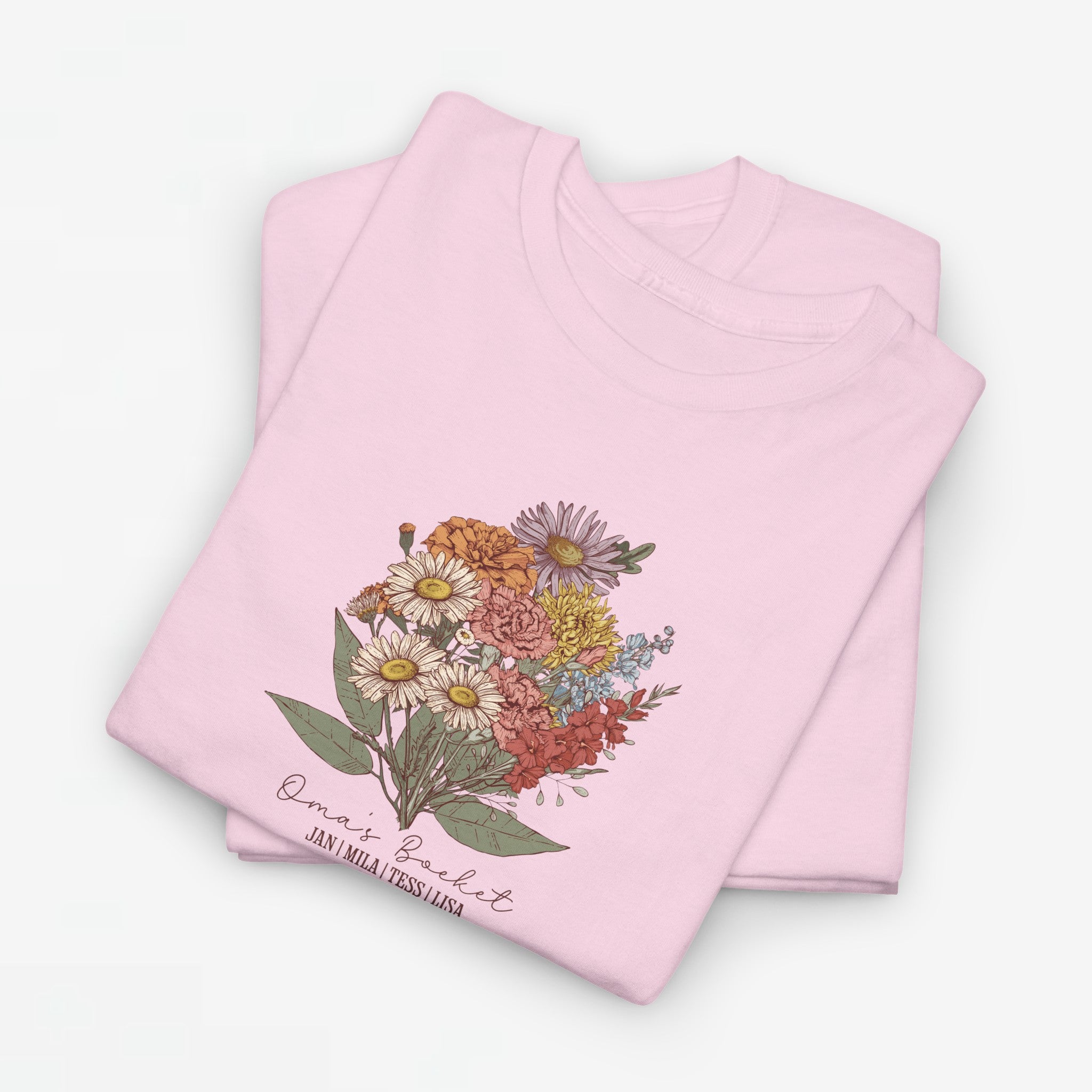 Gepersonaliseerde Moederdag Mama Cadeau - T-shirt - Oma's boeket met namen en geboortemaand bloemen