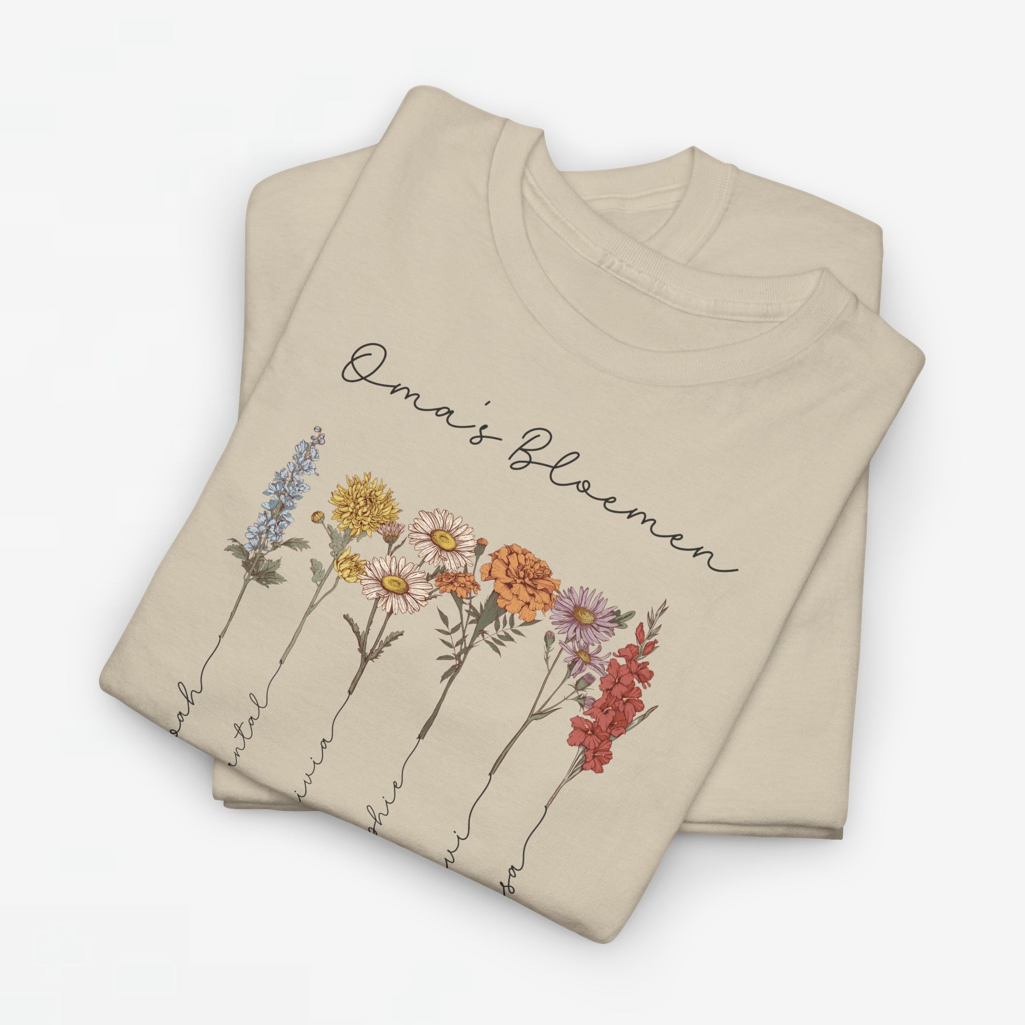 Gepersonaliseerde Moederdag Mama Cadeau - T-shirt - Oma's Bloemen met namen en geboortemaand bloemen (zwarte tekst)