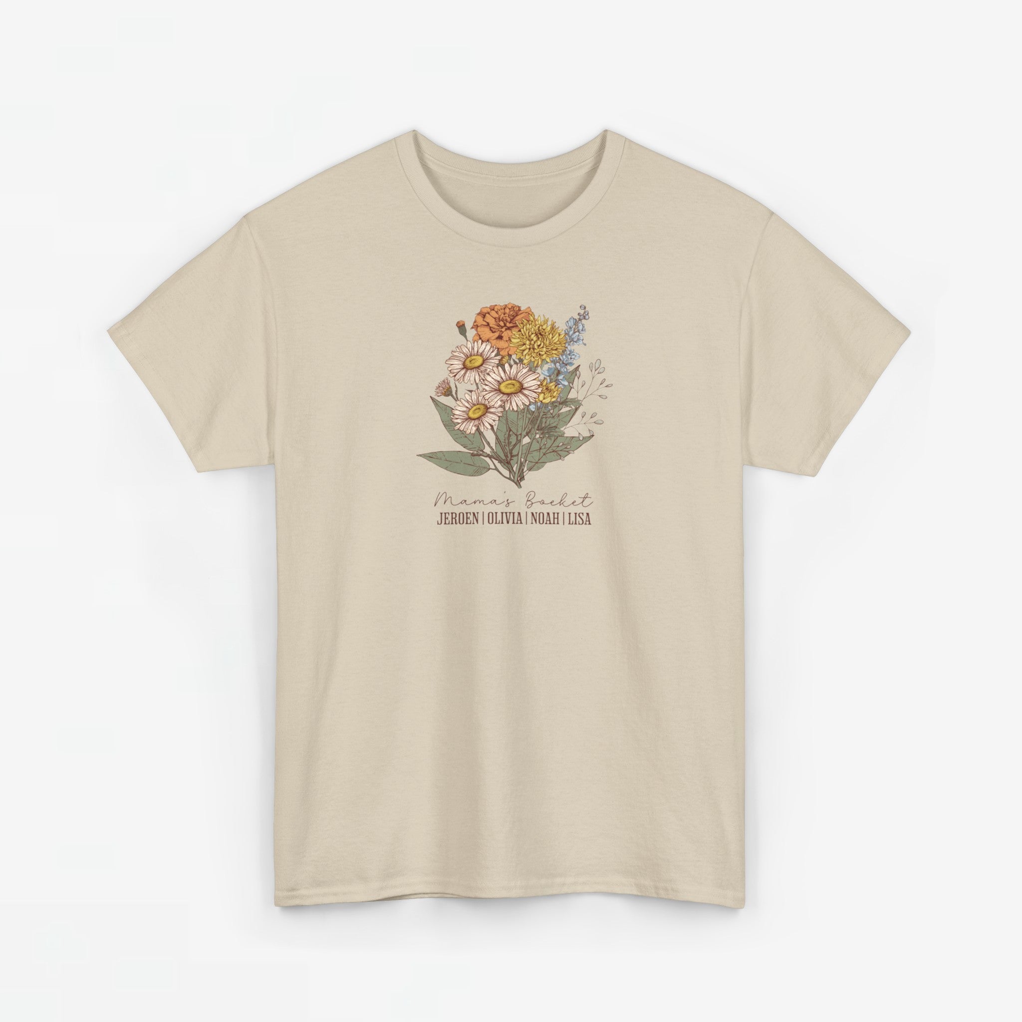 Gepersonaliseerde Moederdag Mama Cadeau - T-shirt - Mama's boeket met namen en geboortemaand bloemen