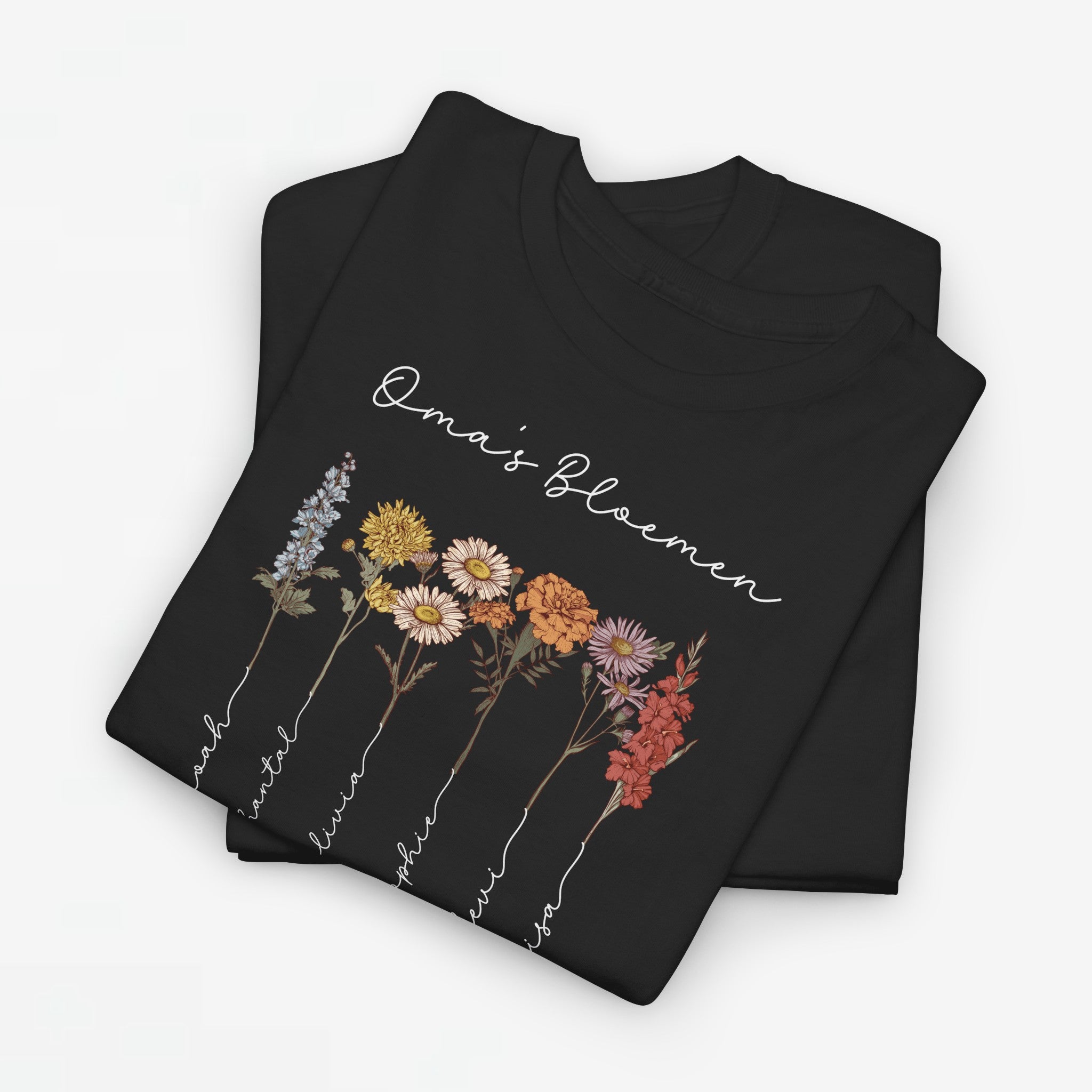Gepersonaliseerde Moederdag Mama Cadeau - T-shirt - Oma's Bloemen met namen en geboortemaand bloemen (witte tekst)