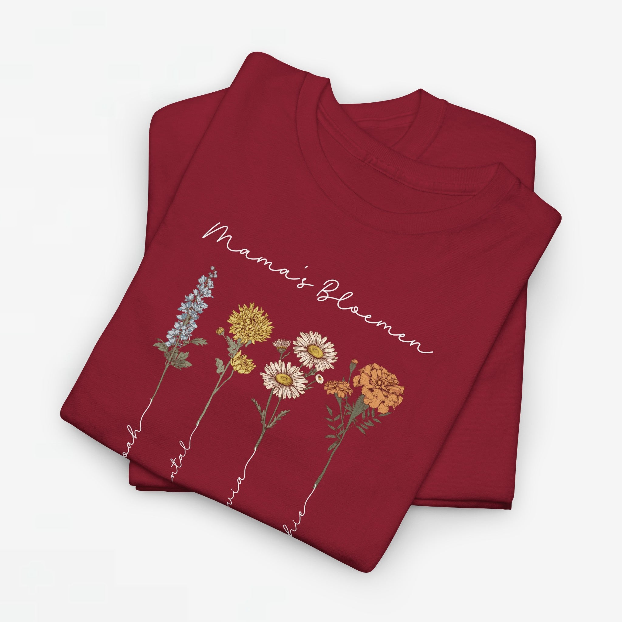 Gepersonaliseerde Moederdag Mama Cadeau - T-shirt - Mama's Bloemen met namen en geboortemaand bloemen (witte tekst)