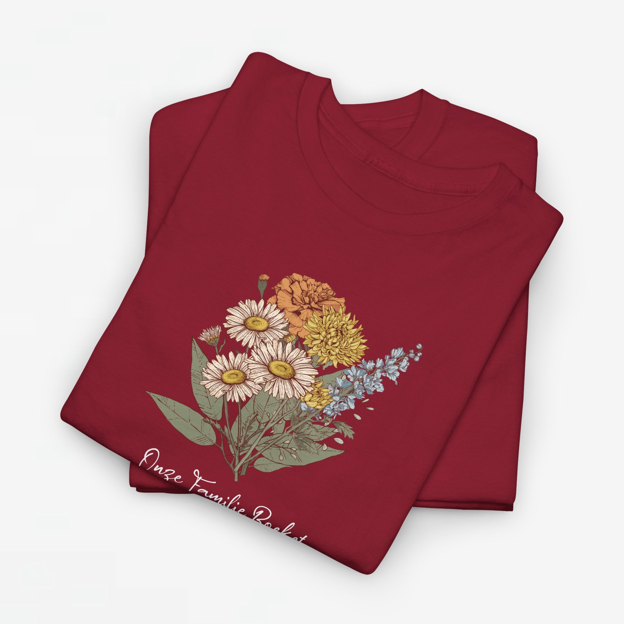 Gepersonaliseerde Moederdag Mama Cadeau - T-shirt - Ons familieboeket met namen en geboortemaand bloemen (witte tekst)