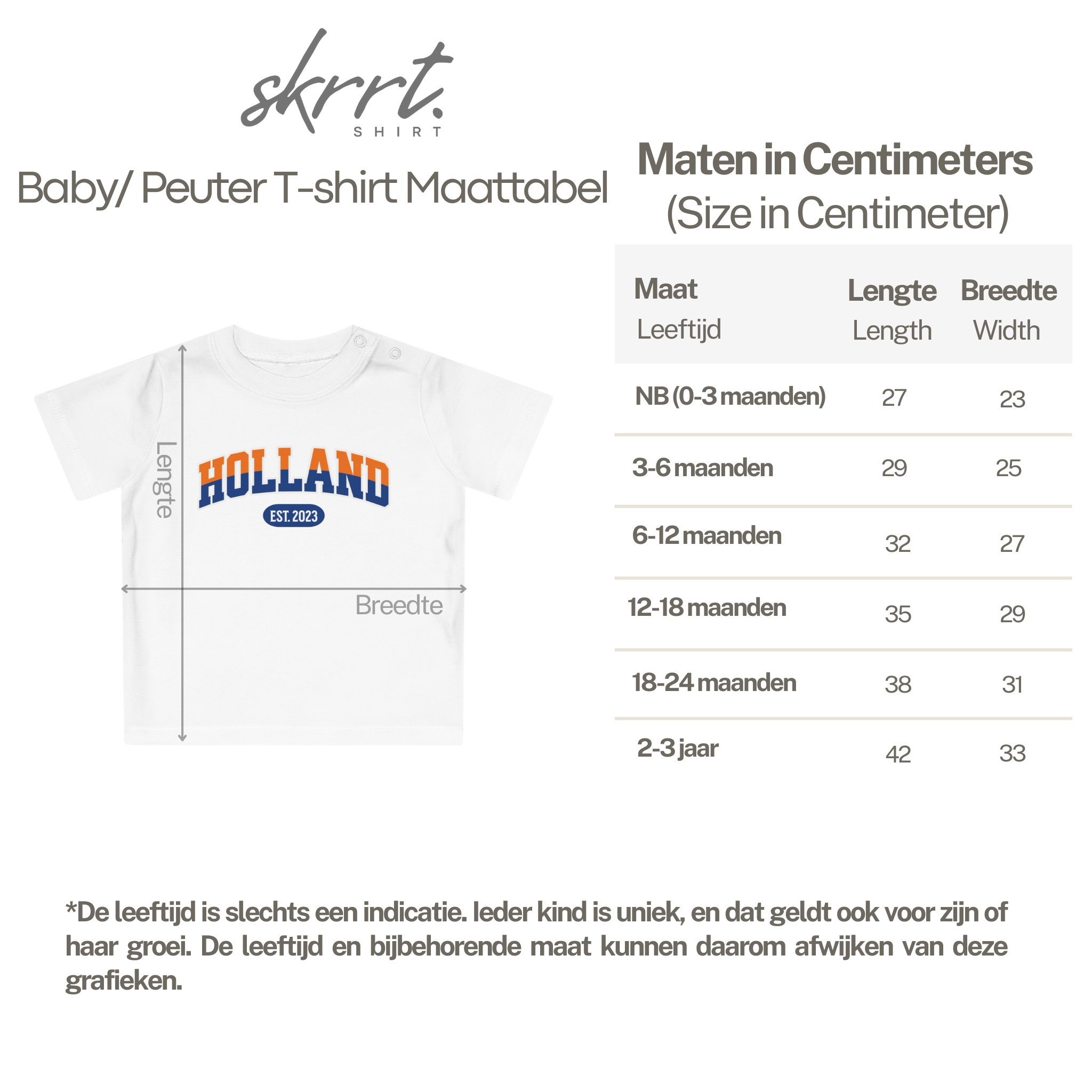 Maattabel - Baby/Peuter T-shirts