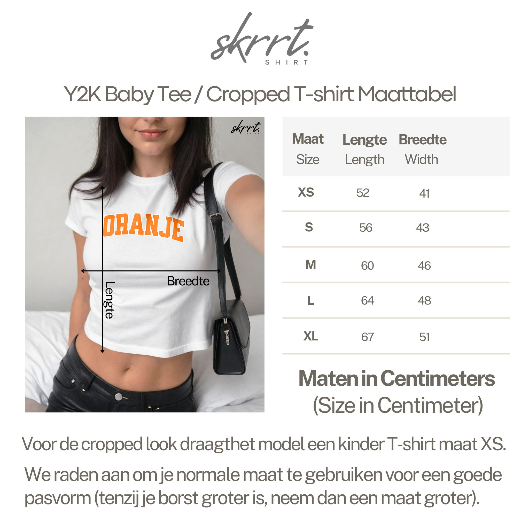 Maattabel - Baby Tee / Cropped T-shirt voor dames