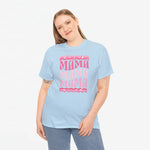Lichtblauwe oversized T-shirt met roze MAMA-print op de borst