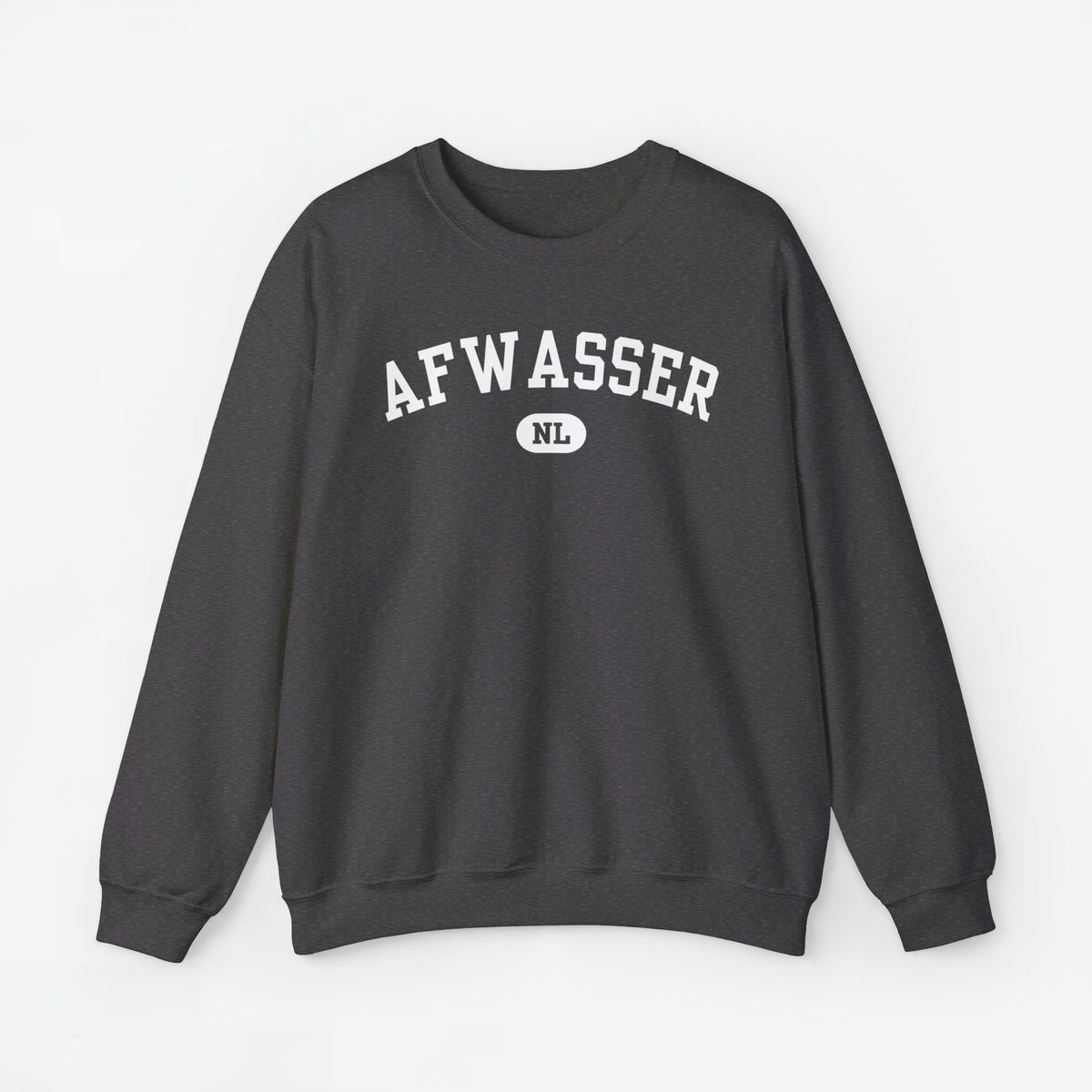 Donkergrijze trui met ronde hals en AFWASSER NL-print op de borst