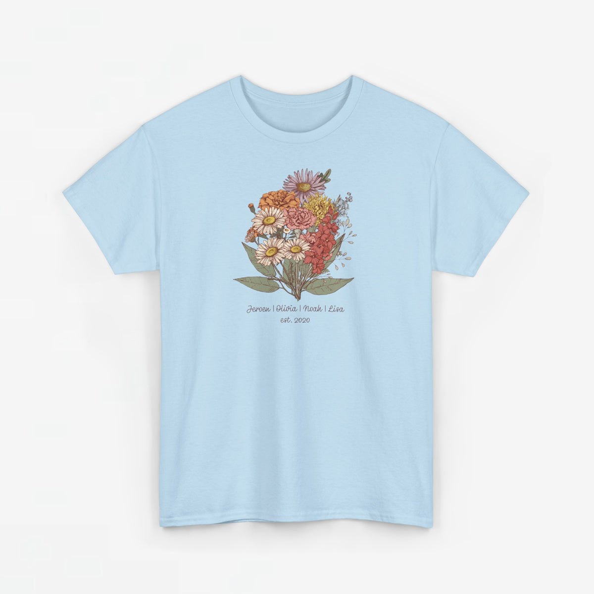 Lichtblauw t-shirt met bloemenboeketprint op de borst