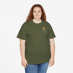 T-shirt donkergroen met kleine bloemprint in goudgeel op de borst