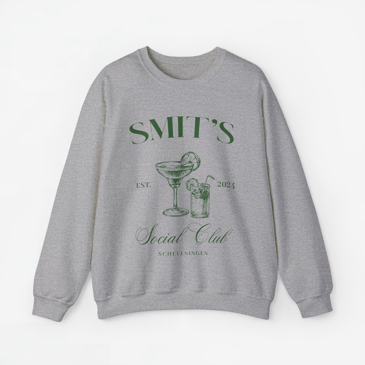Lichtgrijze sweatshirt met ronde hals en print van bekers en tekst op de borst.