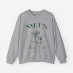 Lichtgrijze sweatshirt met ronde hals en print van bekers en tekst op de borst.