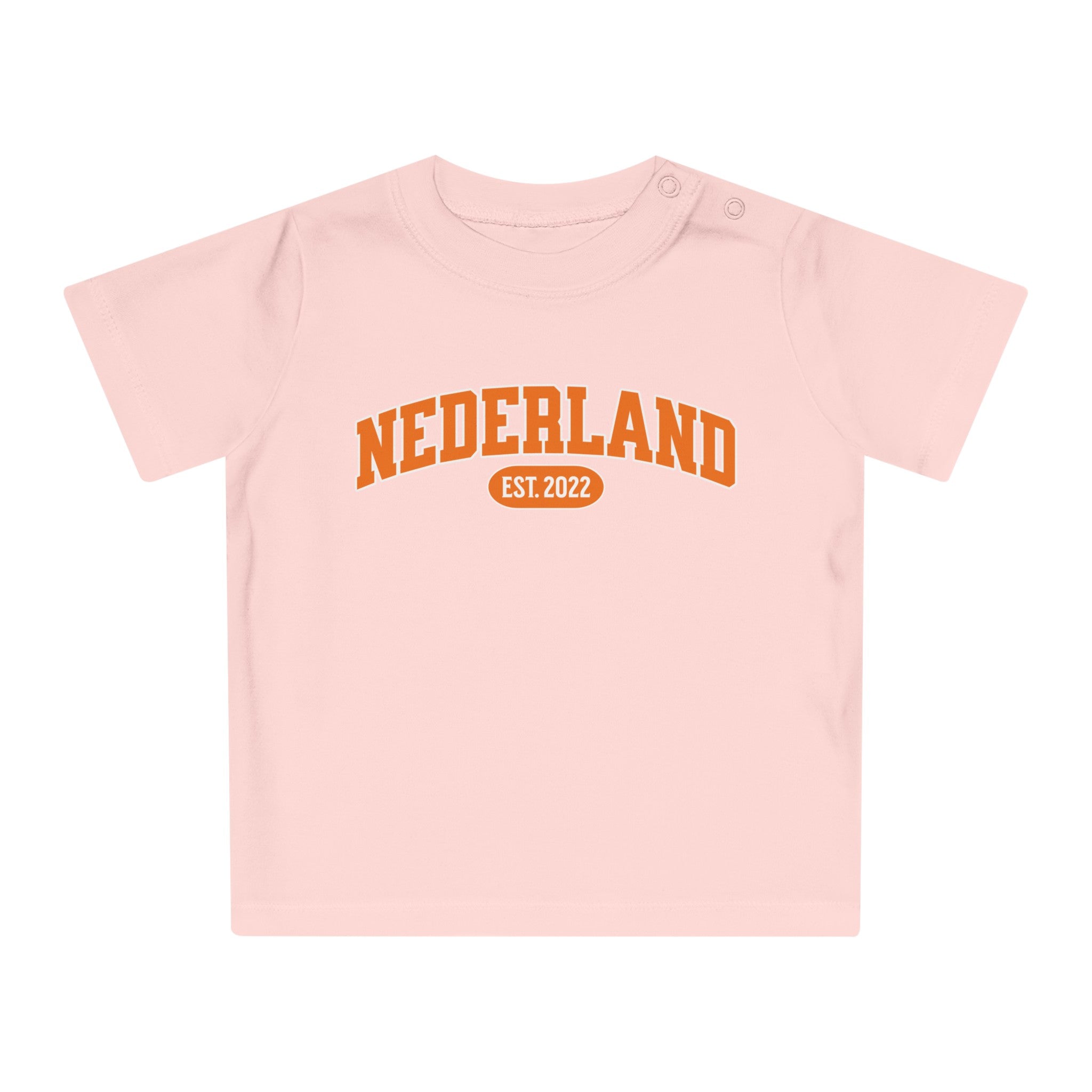Baby T-shirt voor EK, WK en Koningsdag - Personaliseer met EST Jaar  - NEDERLAND (Voorkant)