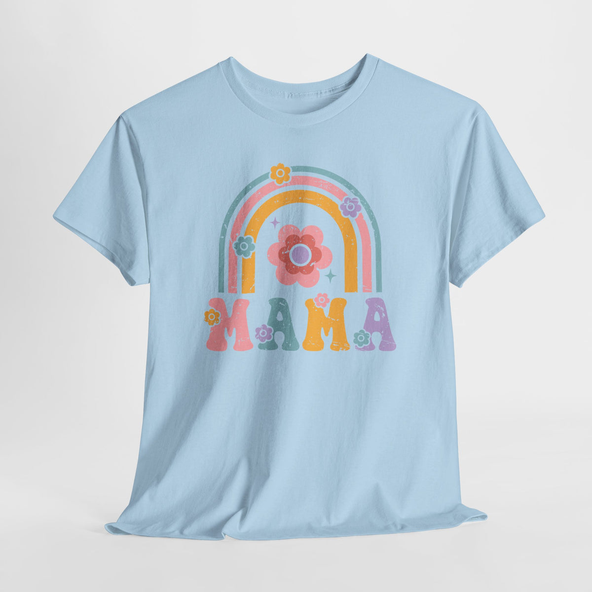 Lichtblauw T-shirt met ronde hals en regenboogboog bloemenopdruk 'MAMA'