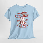 Lichtblauwe oversized T-shirt met ronde hals en rode 'Super Mama' illustratie voorop