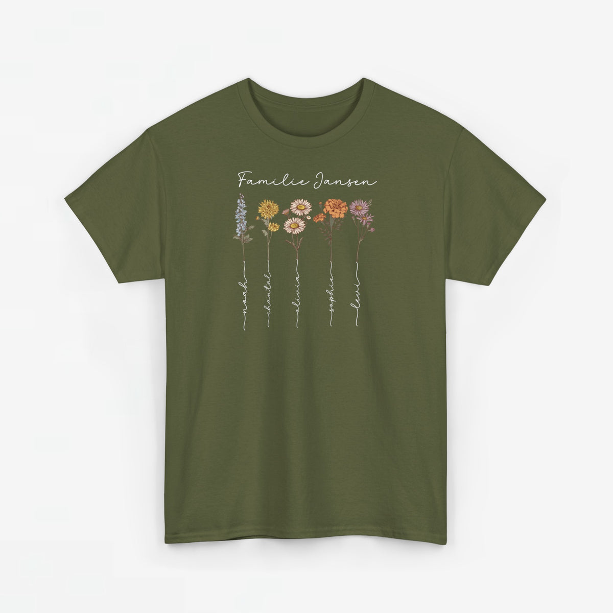T-shirt in legergroen met bloemenprint en naamtekst op de voorkant