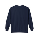 Navy varsitytrui, achterkant met ronde hals en lange mouwen.