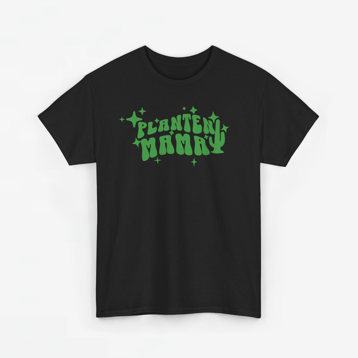 Zwart T-shirt met groene 'Planten Mamma'-print op de borst