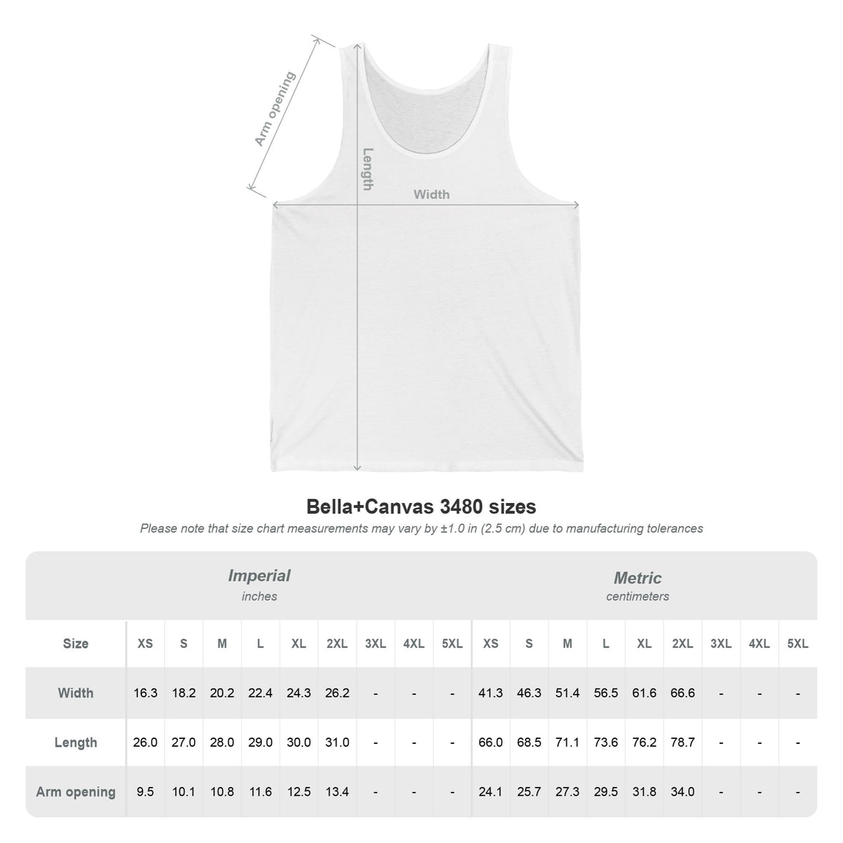 Wit mouwloos T-shirt maatdiagram met breedte- en lengte-informatie