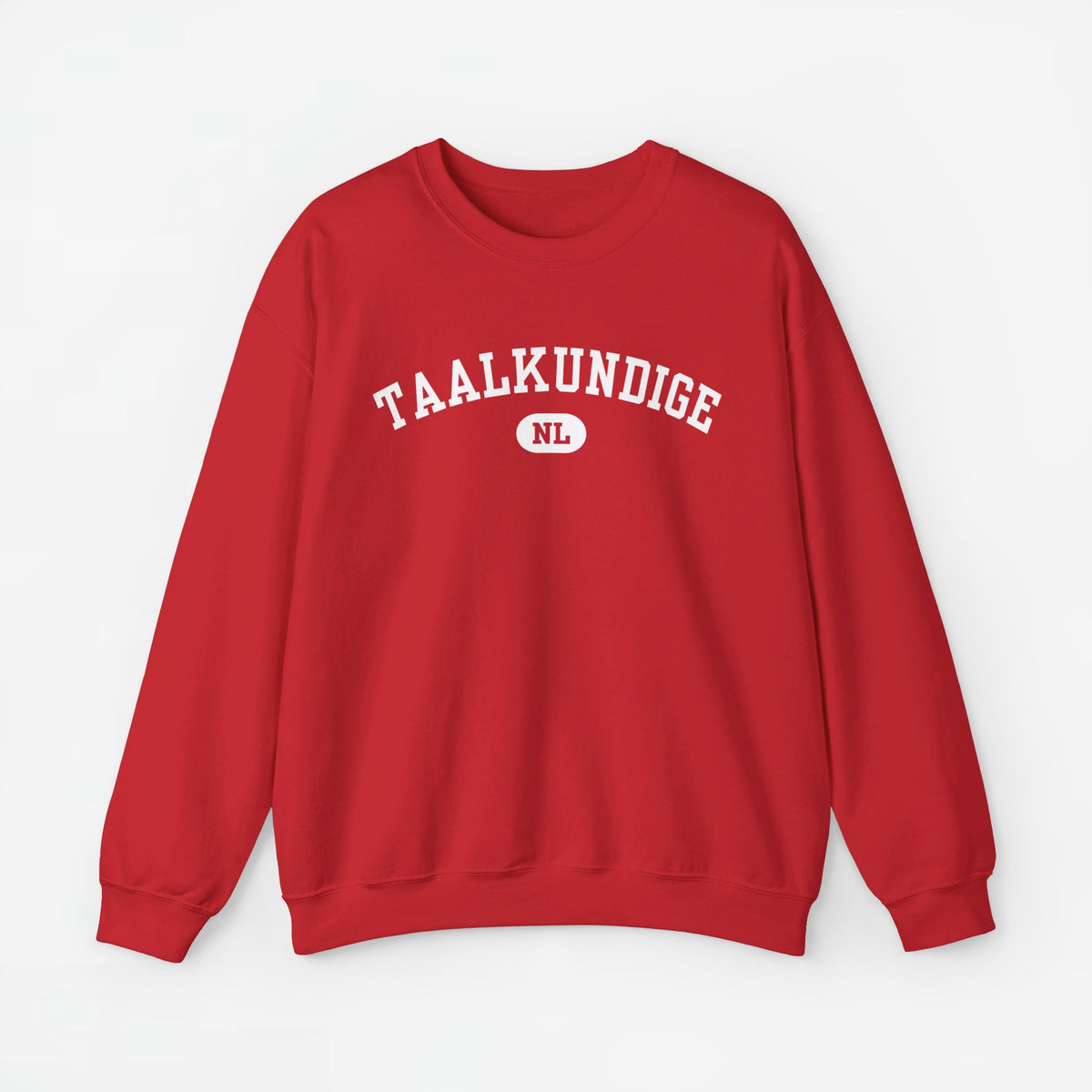 Taalkundige trui met borstprint TAALKUNDIGE en NL-logo, rood
