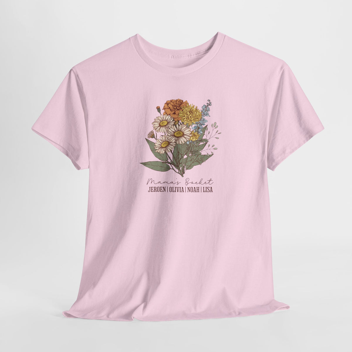 Roze T-shirt met bloemenboeket-opdruk en tekst, ronde hals en korte mouwen