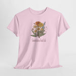 Roze T-shirt met bloemenboeket-opdruk en tekst, ronde hals en korte mouwen