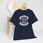 Donkerblauw T-shirt met ronde hals en witte opdruk 'Super Powers' met tekst 'Dad'