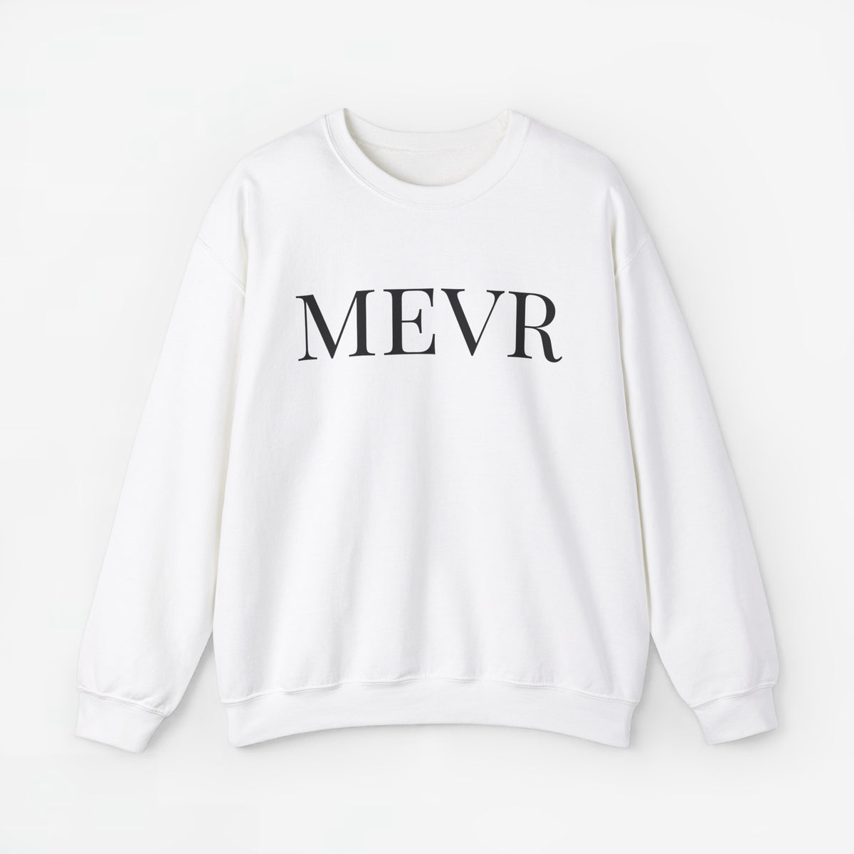 Witte sweatshirt met opdruk MEVR, ronde hals en lange mouwen.