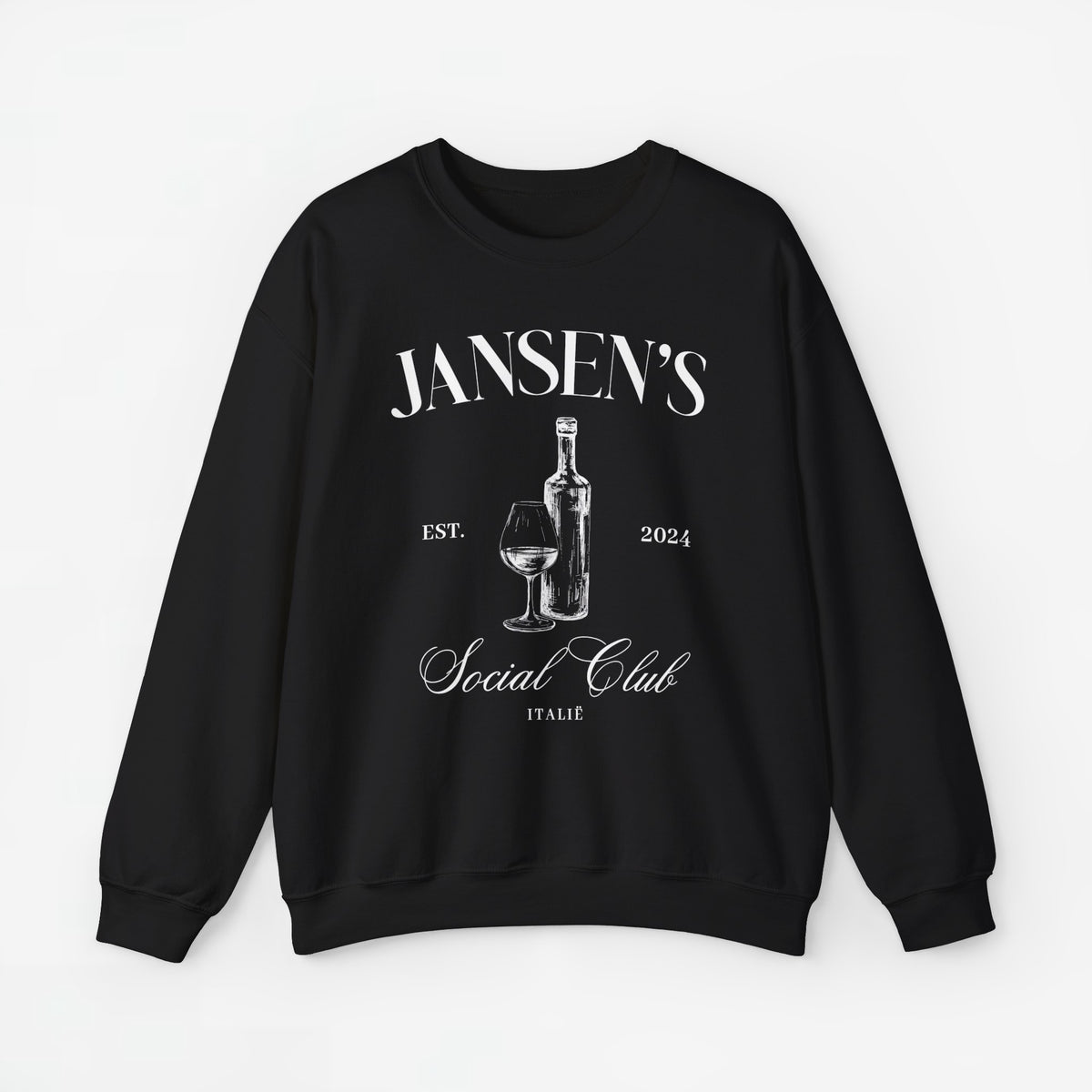 Zwarte sweater met ronde hals en opdruk van fles en wijnglas op de borst