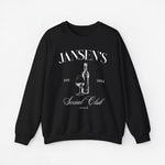 Zwarte sweater met ronde hals en opdruk van fles en wijnglas op de borst