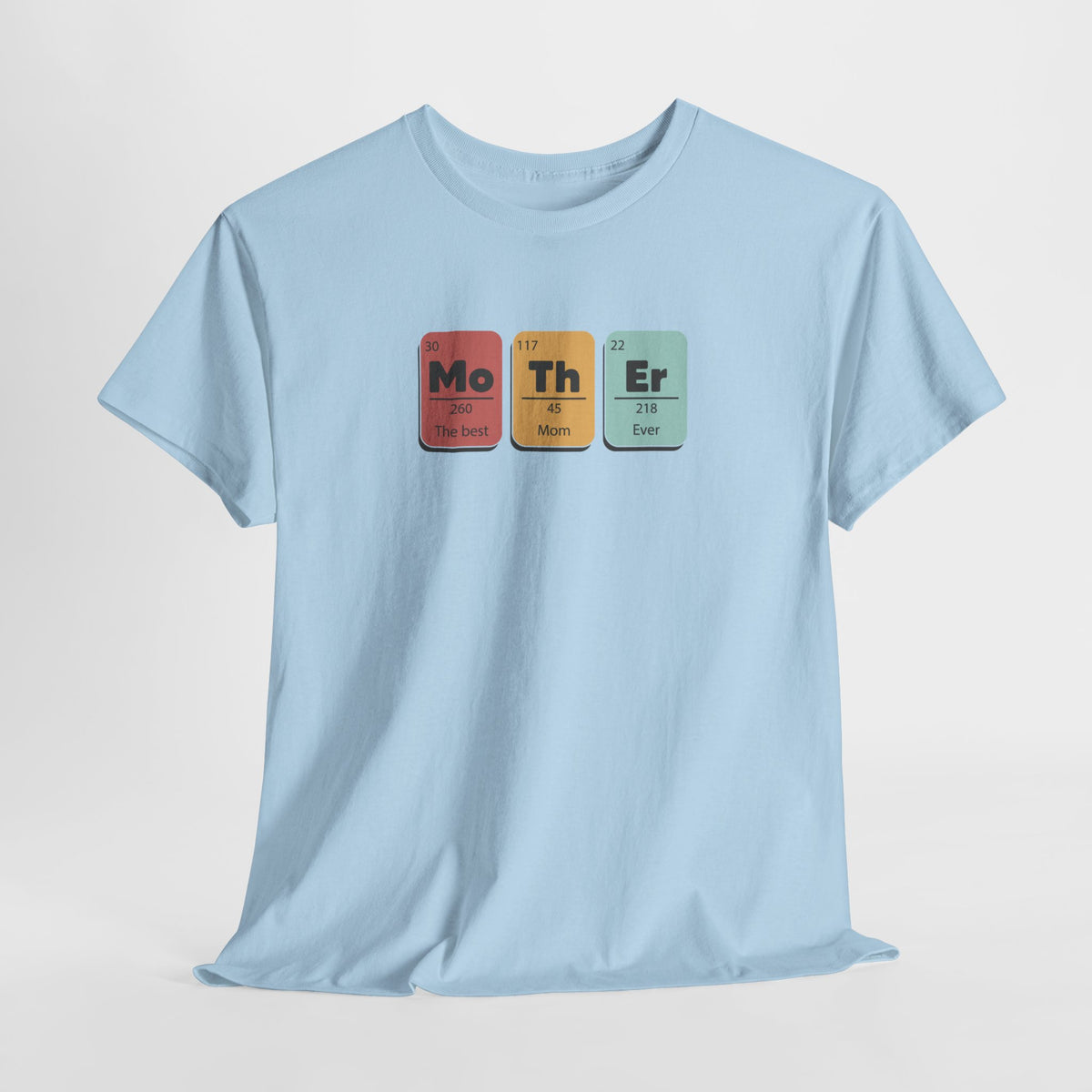 Lichtblauwe T-shirt met ronde hals en elementenprint (Mo Th Er) voorop