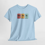Lichtblauwe T-shirt met ronde hals en elementenprint (Mo Th Er) voorop