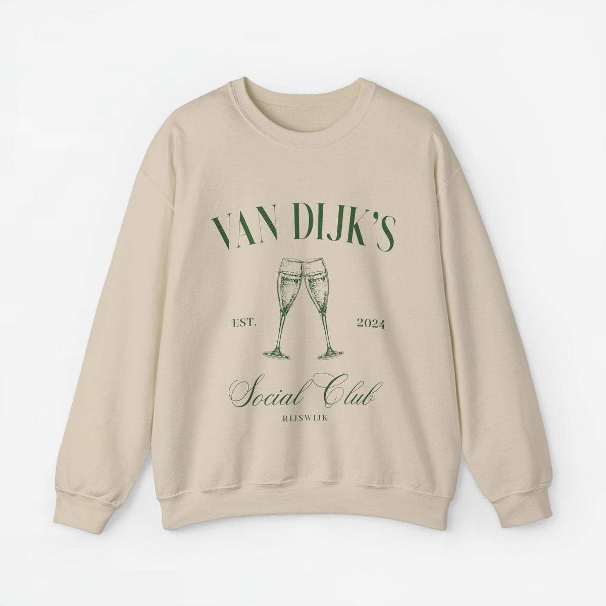 Beige sweatshirt met opdruk VAN DIJK'S Social Club en twee champagneglazen