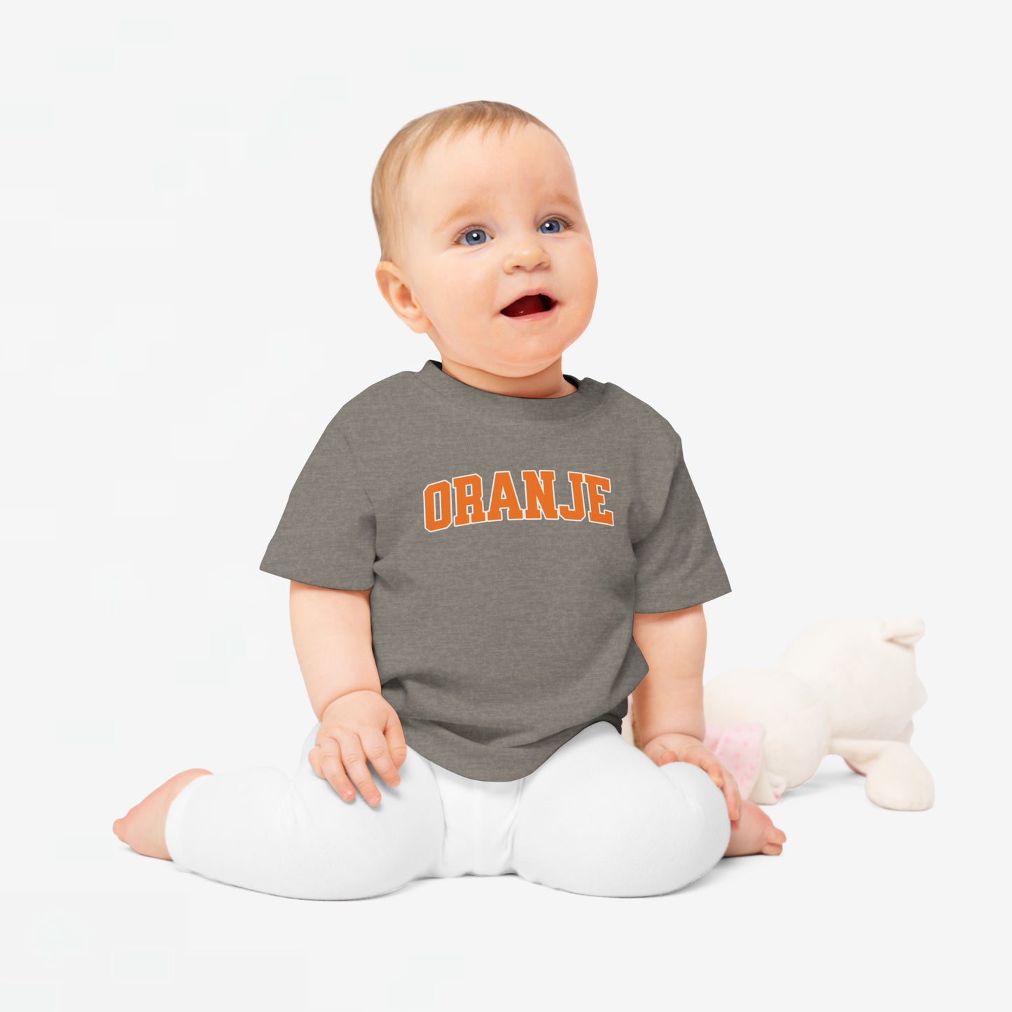 Baby T-shirt voor EK, WK en Koningsdag - ORANJE tekst