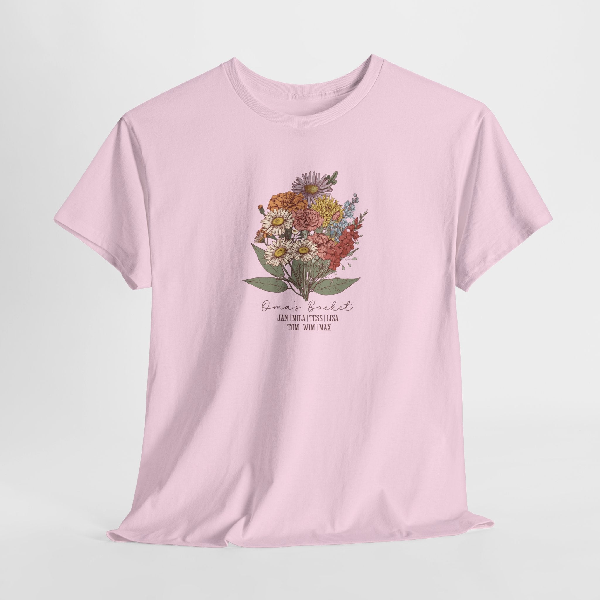 Gepersonaliseerde Moederdag Mama Cadeau - T-shirt - Oma's boeket met namen en geboortemaand bloemen