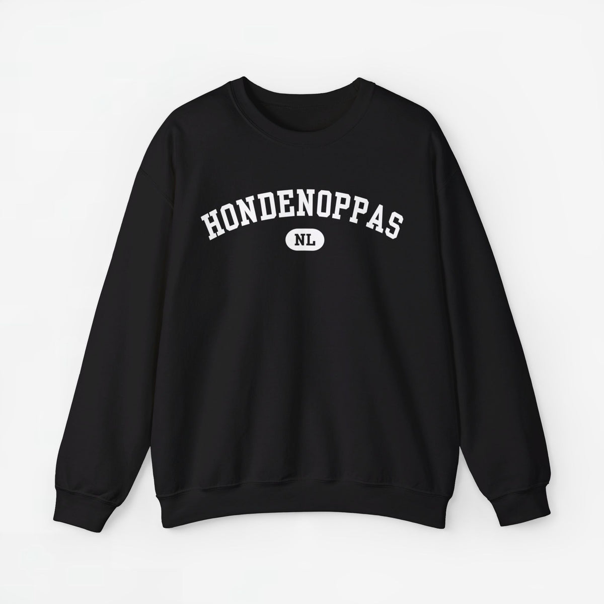 zwarte sweater met HONDENOPPAS NL-print en ronde hals