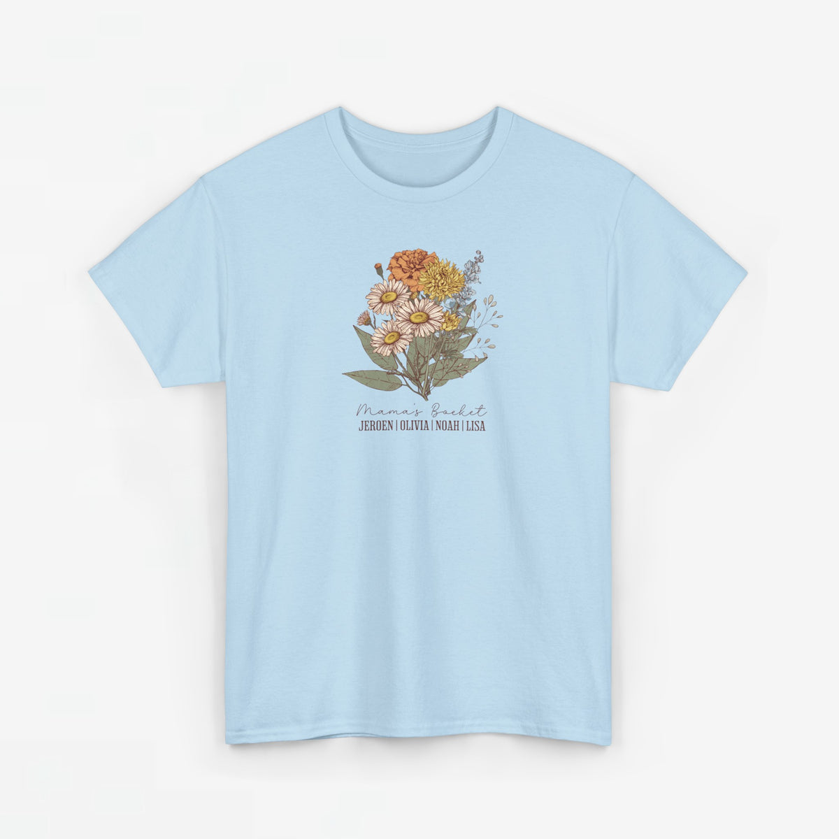 Lichtblauw T-shirt met bloemenboeketprint op de borst